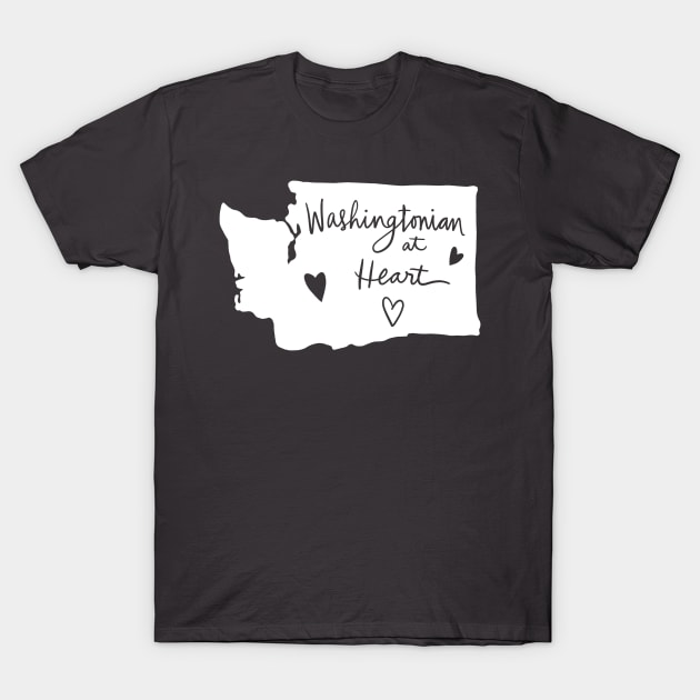 Washingtonian At Heart: Washington State Pride Calligraphy State Silhouette Art T-Shirt by Tessa McSorley